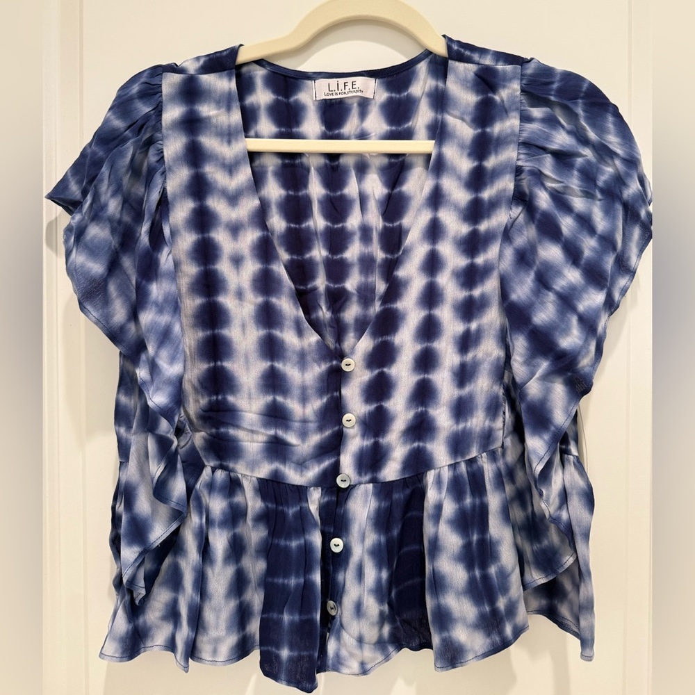 Blue Tie-Dye V-Neck Ruffle Button-Front Top-NWT